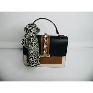 Aldo Handbag Black Brown Cream Purse Satchel Crossbody Gold Accents Trendy Scarf